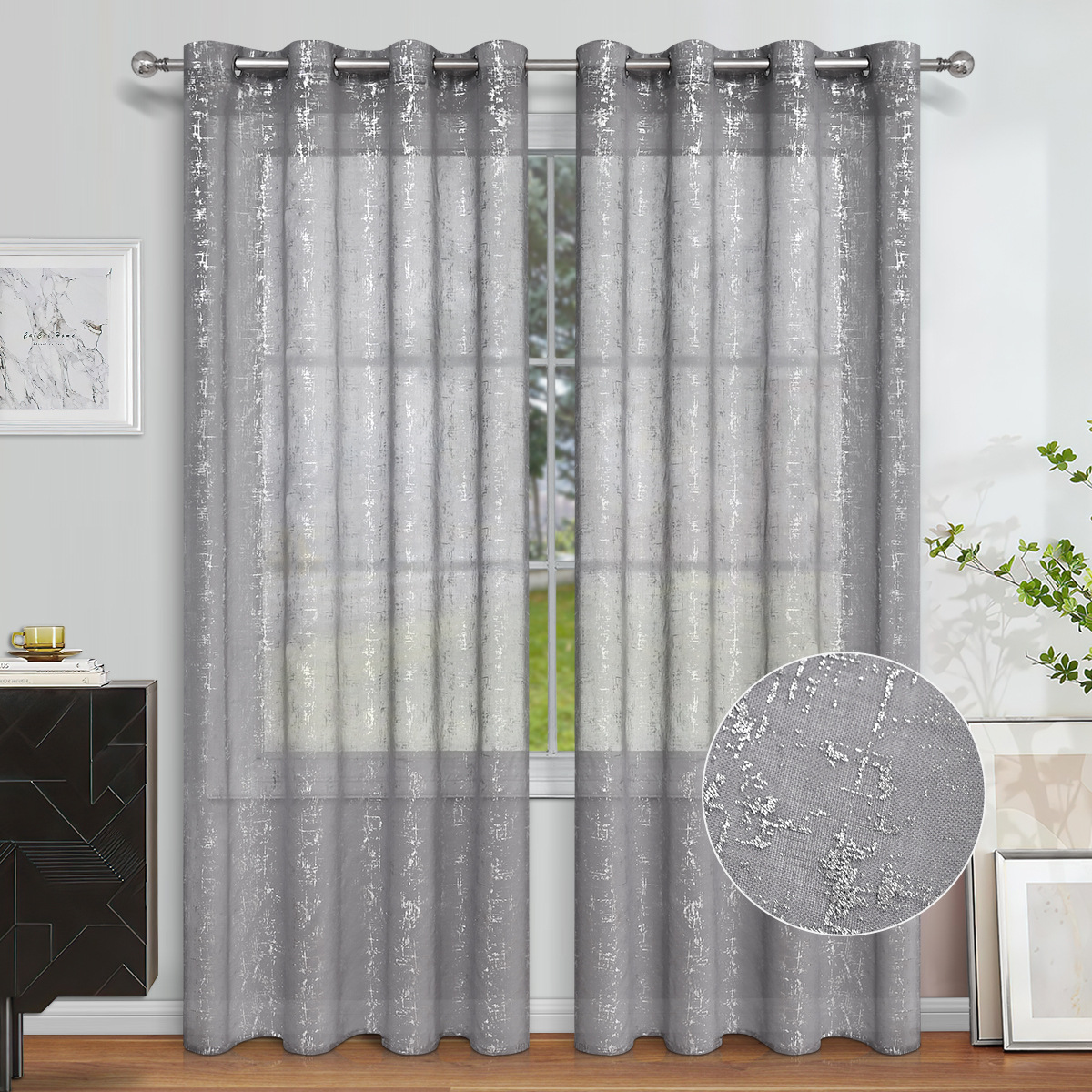 Linen Curtain Eyelet - ستارة فضية مطبوعة جروميت ستائر النافذة