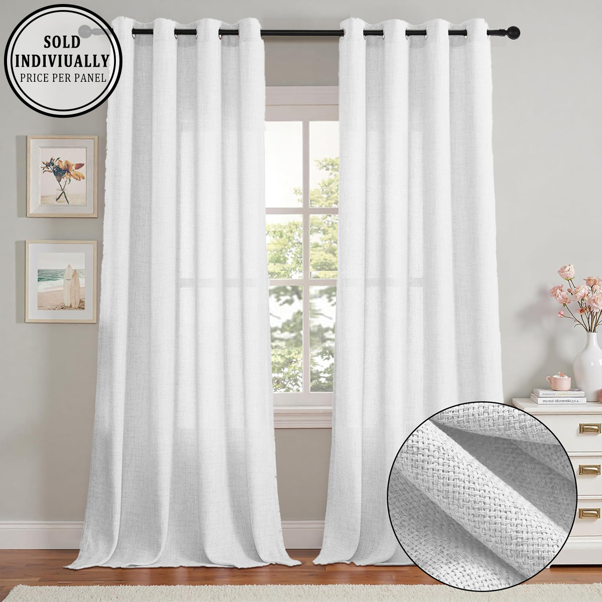 Linen Curtain Eyelet - قطعة واحدة، ستارة شفافة بلون واحد